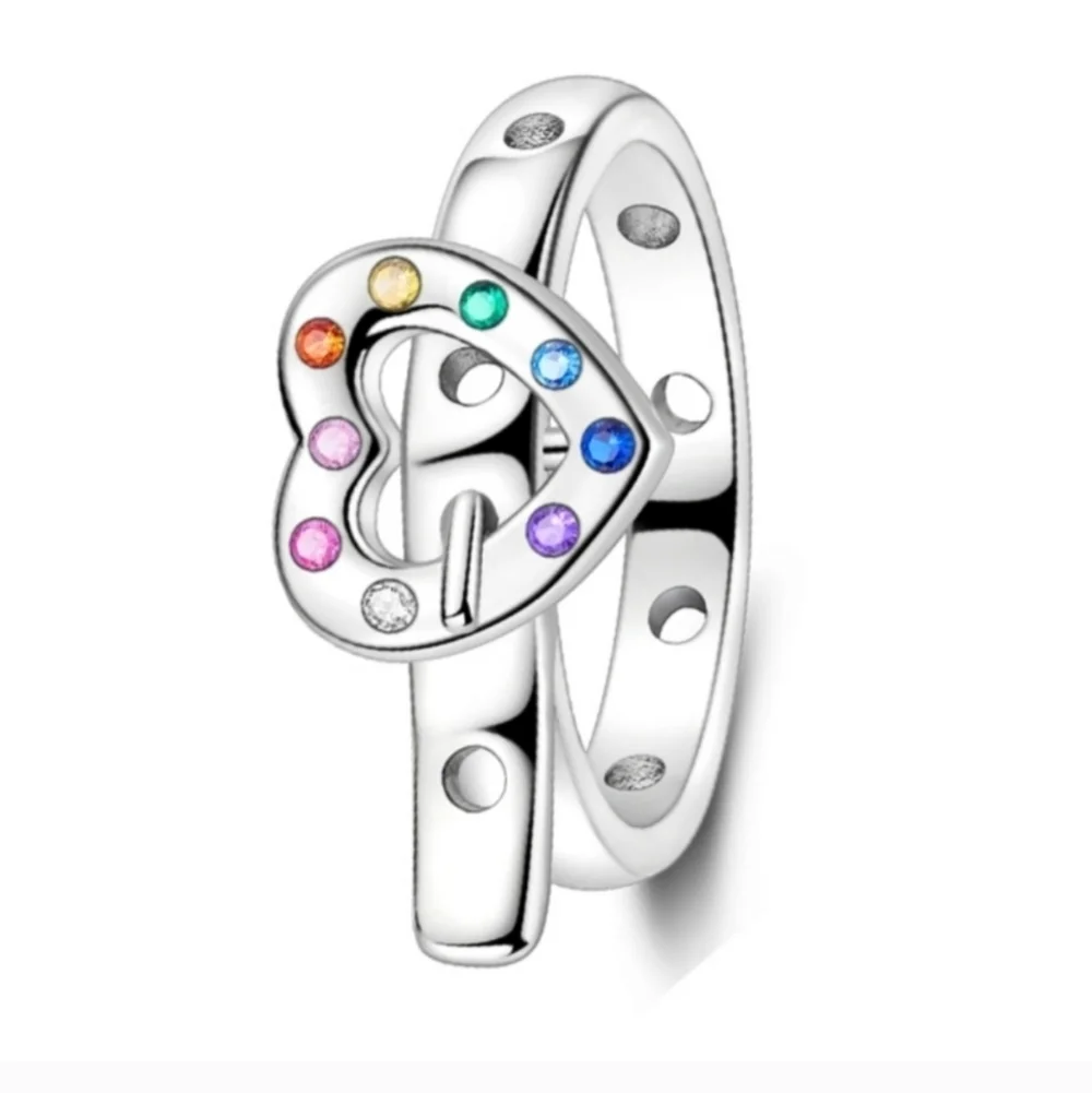 925 Sterling Silver Heart Ring with Multicolor Stones Sz 6